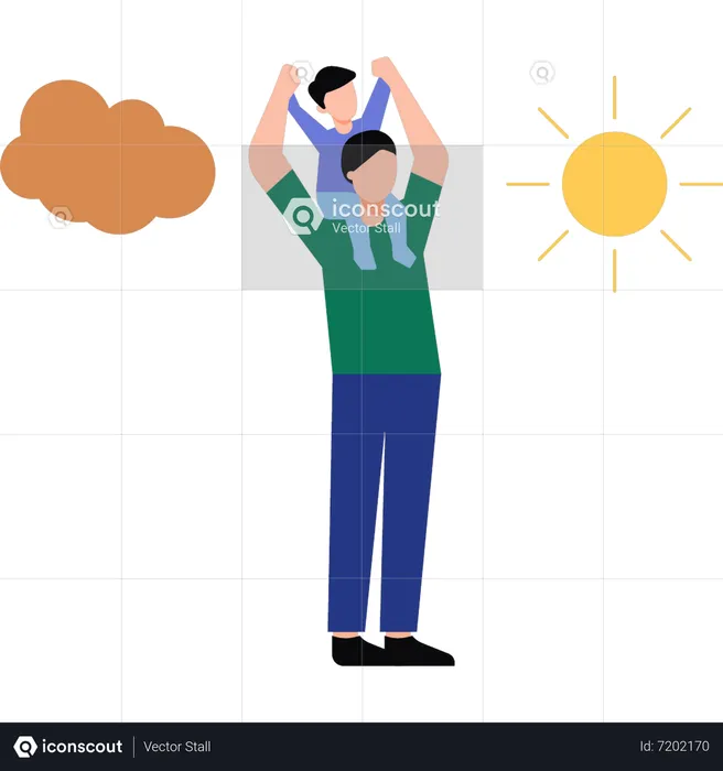 The boy is carrying the child on his shoulder  Illustration