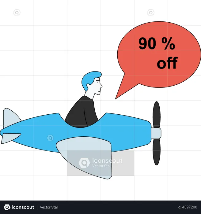 The boy is flying to shop at 90% discount  Illustration