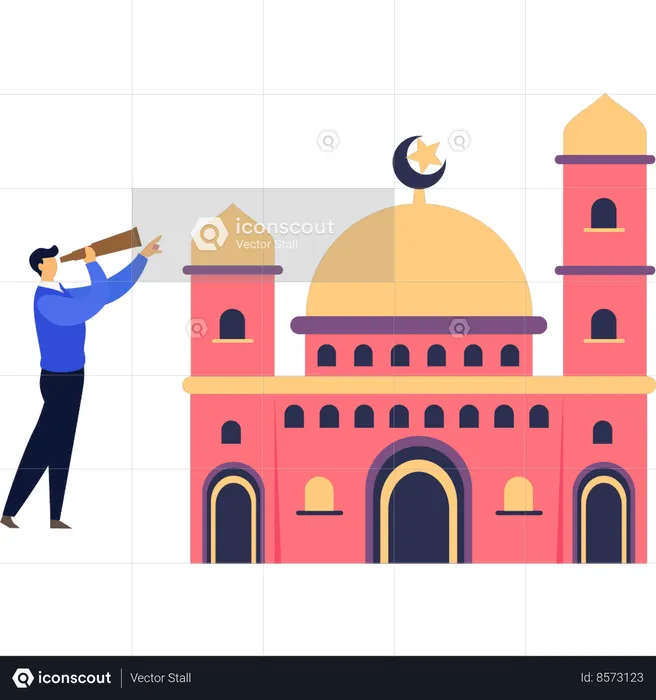 The boy is looking at minaret of mosque through spyglass  Illustration