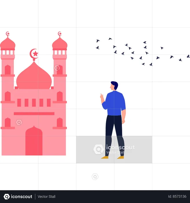 The boy is looking at the mosque  Illustration