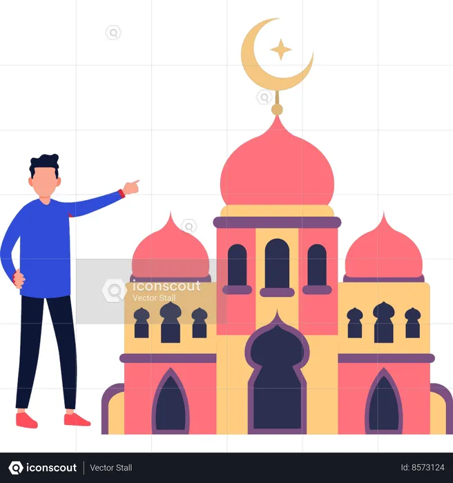 The boy is pointing at the holy mosque  Illustration