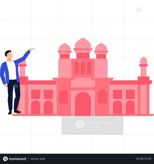 The boy is pointing to the mosque of the Islamic architect  Illustration
