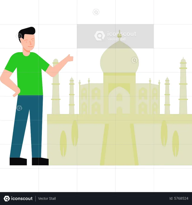 The boy is pointing towards the Taj Mahal  Illustration