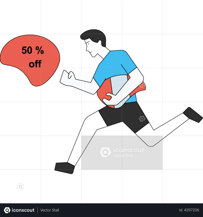 The boy is running to shop at a 50% discount  Illustration
