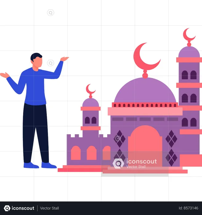 The boy is showing the crescent moon on the minaret  Illustration