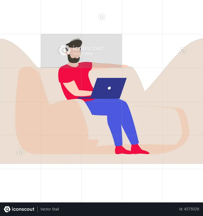 The boy is sitting on the sofa using a laptop  Illustration