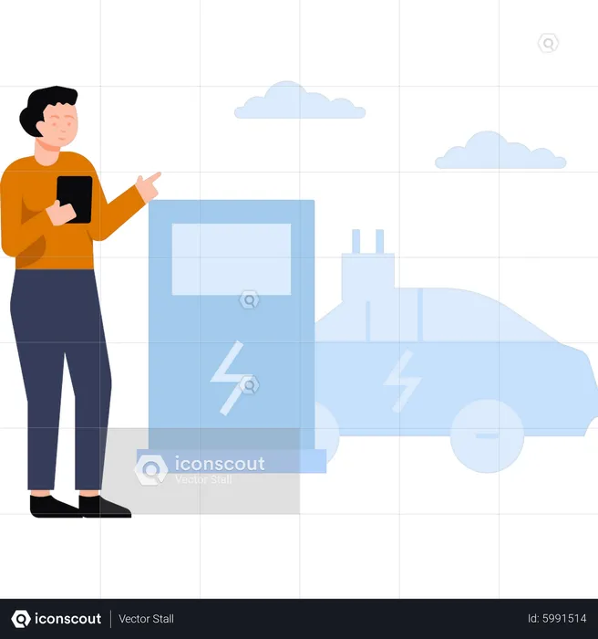 The boy is standing at the fuel station  Illustration