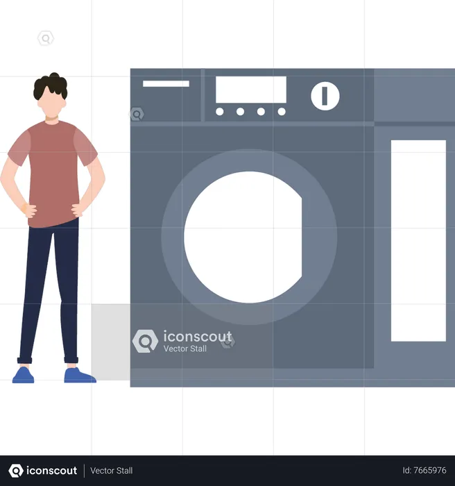 The boy is standing next to the washing machine  Illustration