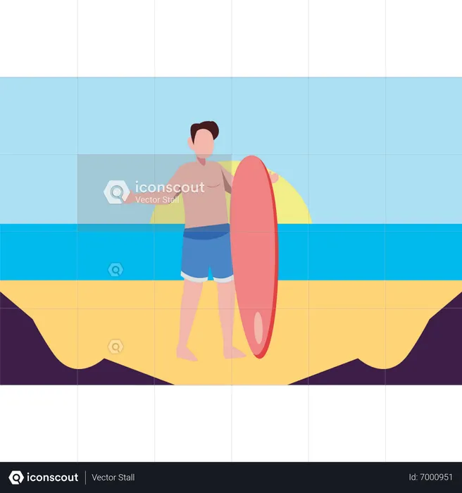 The boy is surfing on the beach  Illustration