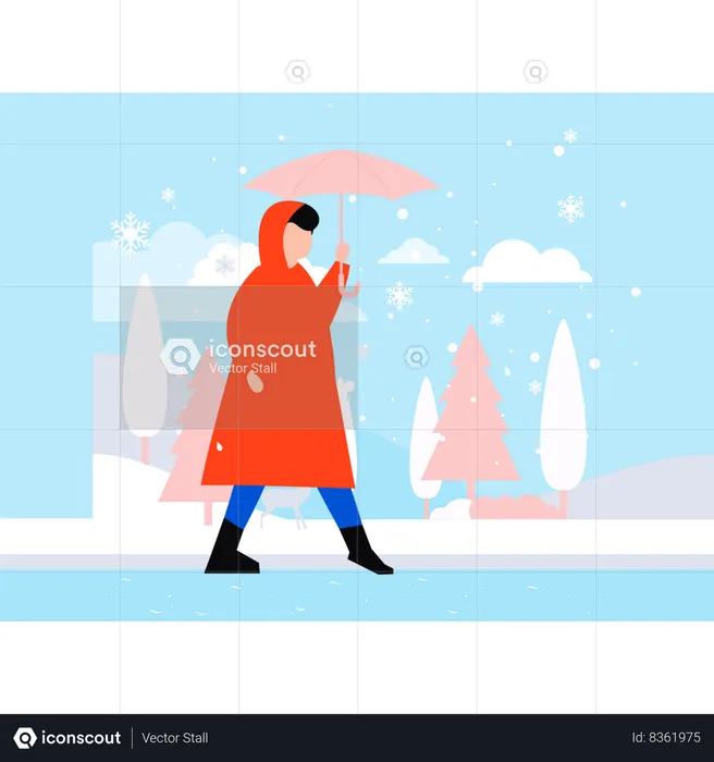The boy is walking with an umbrella  Illustration