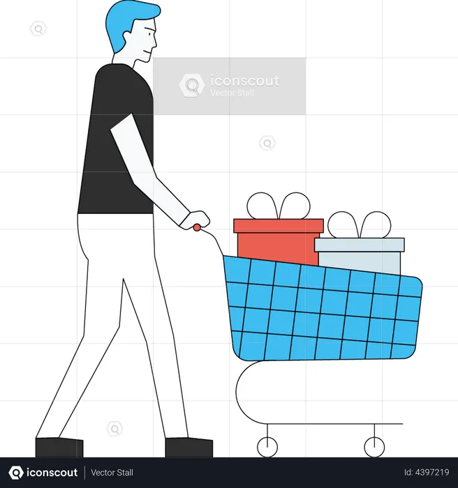 The boy is walking with the shopping trolley  Illustration