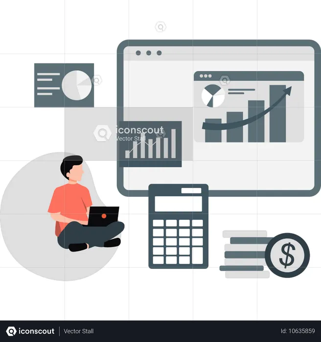 The boy is working on business growth management analysis  Illustration