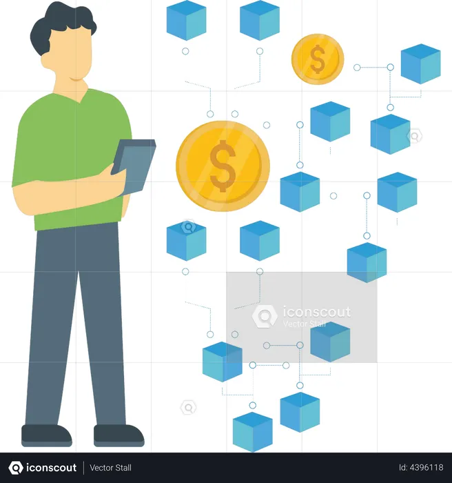 The boy is working on the dollar blockchain.  Illustration