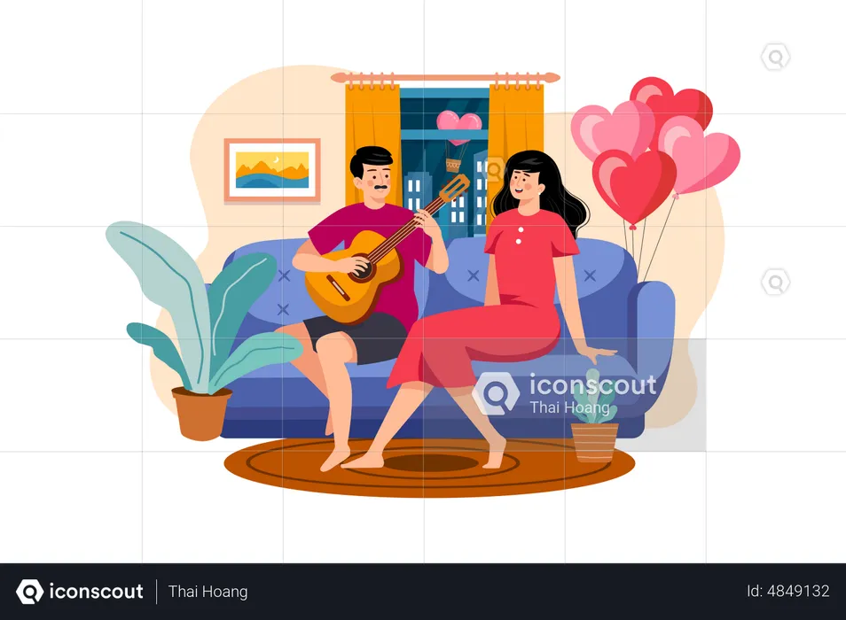 The Boy Plays The Guitar For The Girl To Sing  Illustration