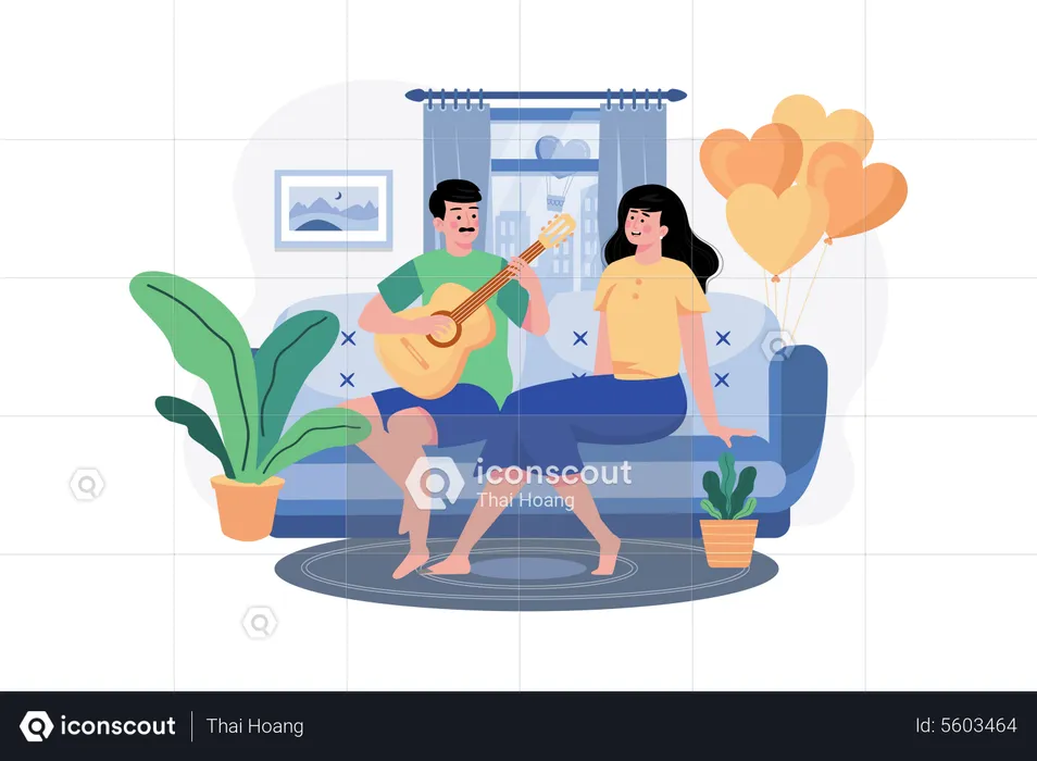 The Boy Plays The Guitar For The Girl To Sing  Illustration