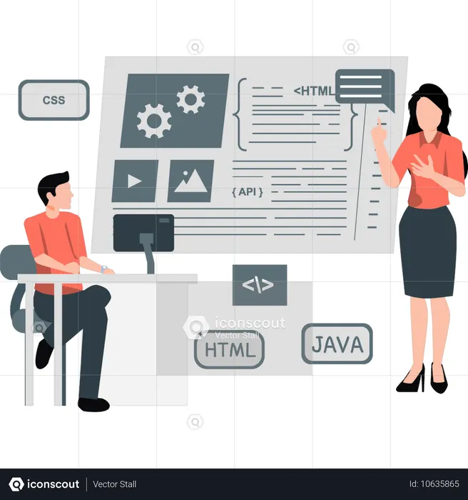 ビジネスマンはコンピュータプログラミング言語について研究している  イラスト