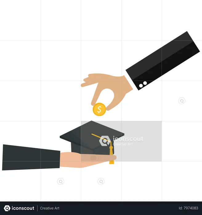 The businessman put a dollar coin into a graduation cap  Illustration
