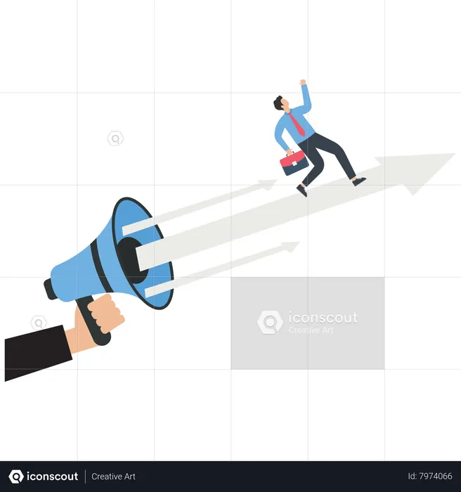 The businessman runs on an arrow from a megaphone  Illustration
