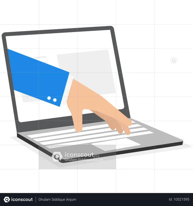 The businessmen hand is going to press the laptop button  Illustration