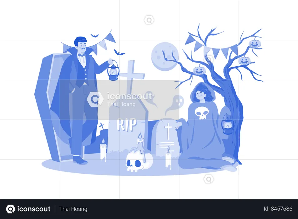The Couple Dressed Up As Demons And Ghosts With Tombstones  Illustration