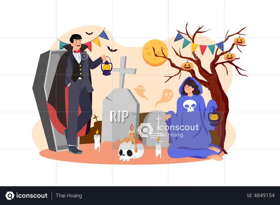 The Couple Dressed Up As Demons And Ghosts With Tombstones  Illustration