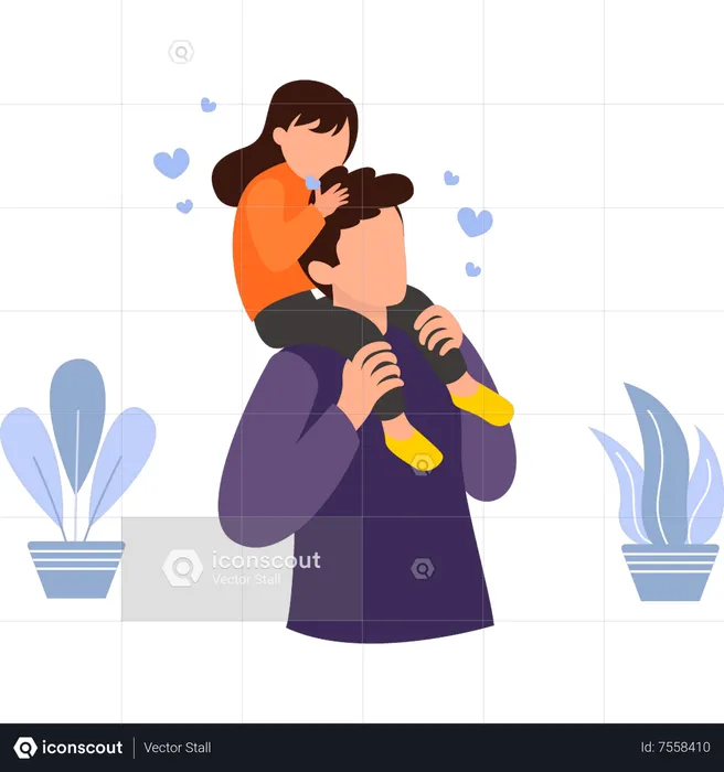 The daughter is sitting on the father's shoulder  Illustration