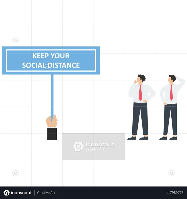 The doctor holds a keep your social distance sign to business people  Illustration