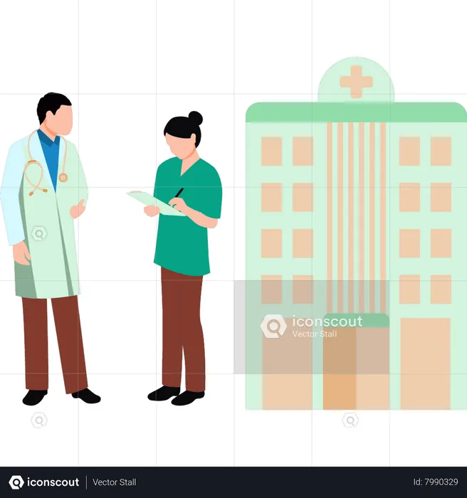 The doctor is standing outside the hospital  Illustration