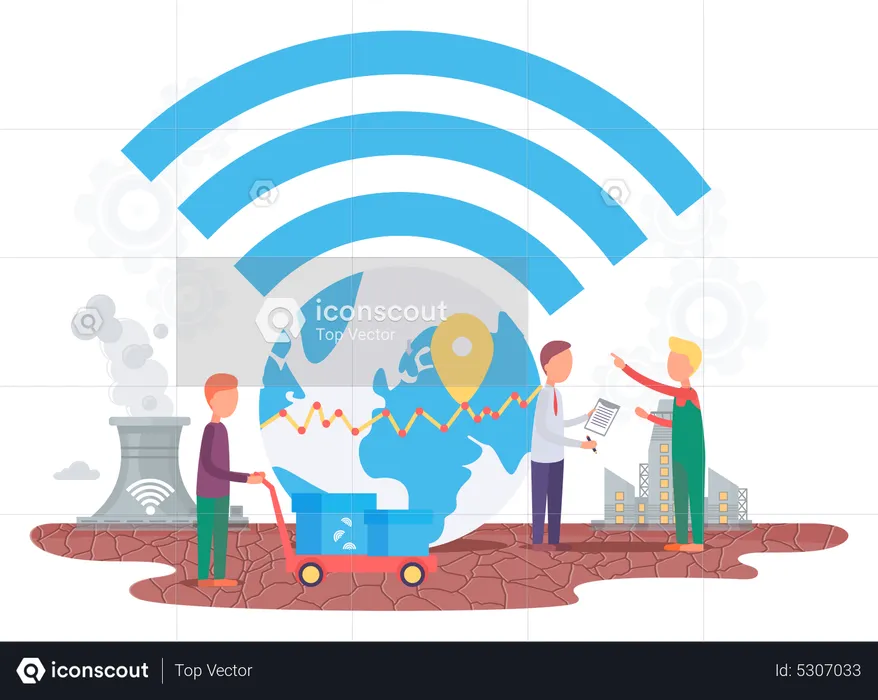 The Earth with wireless signal for internet connection and human activity influence on planet  Illustration