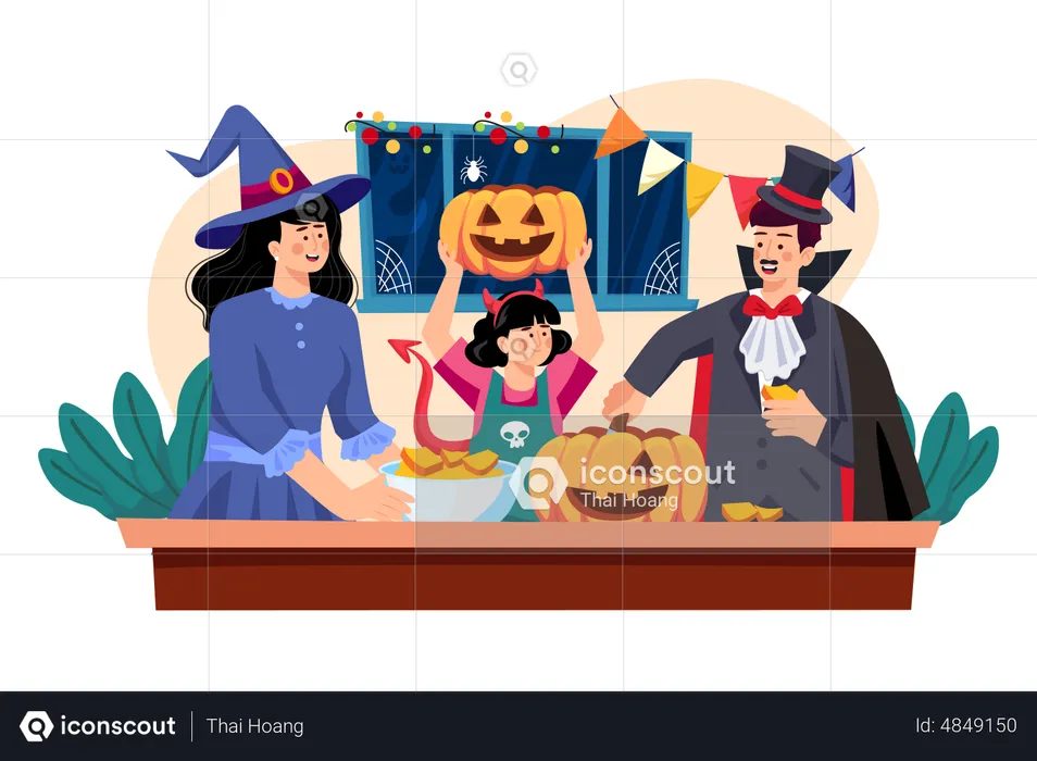 The Family Is Decorating For Halloween  Illustration