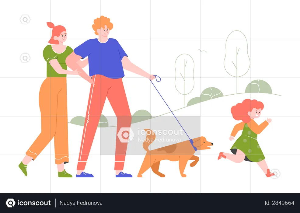 The family walking in the park with the dog  Illustration
