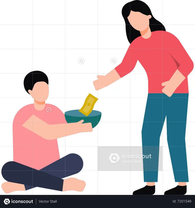 The girl is giving money to the beggar  Illustration