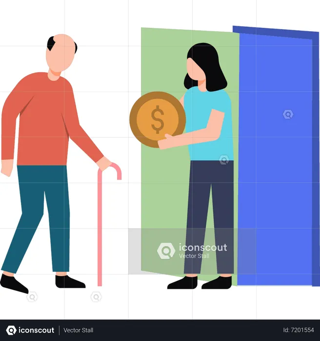 The girl is giving money to the old man for help  Illustration