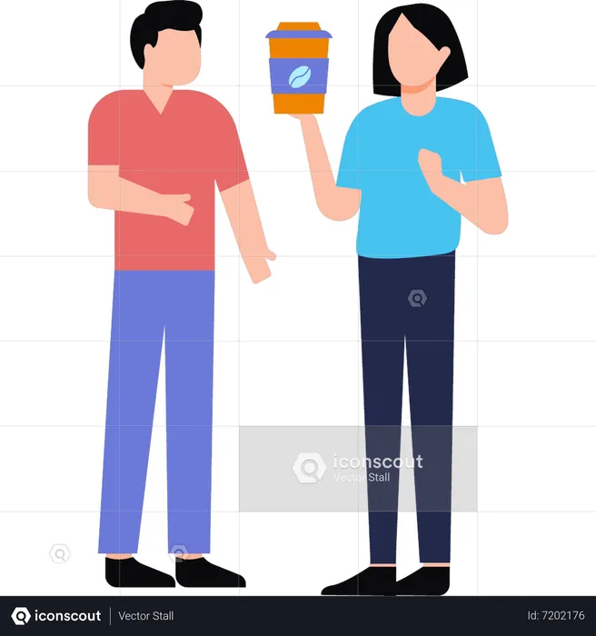 The girl is giving the boy a cup of coffee  Illustration