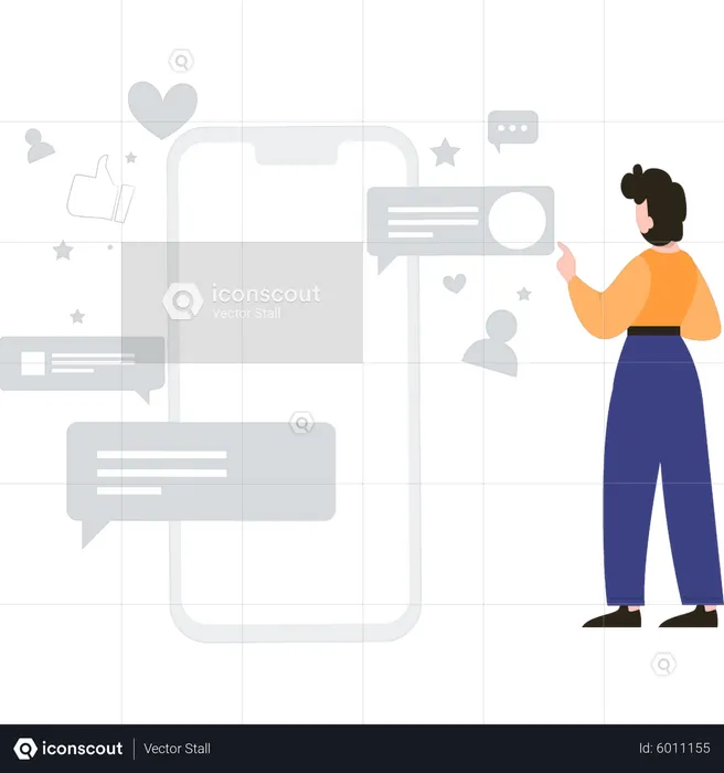 The girl is looking at comments on social media  Illustration