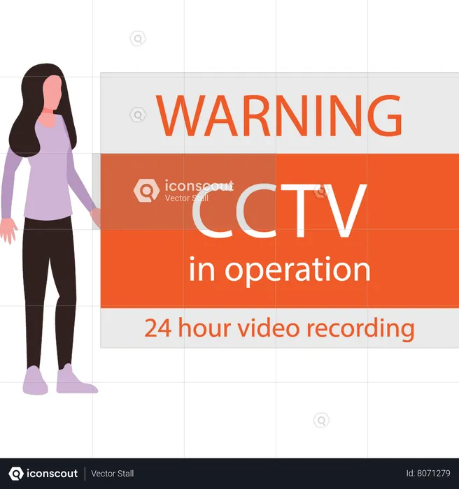 The girl is looking at the CCTV warning  Illustration