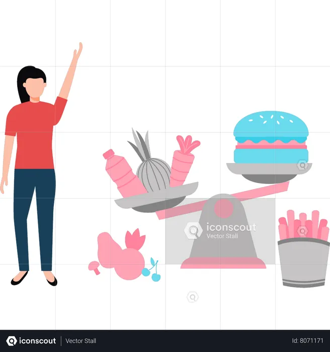 The girl is looking at the food scale  Illustration