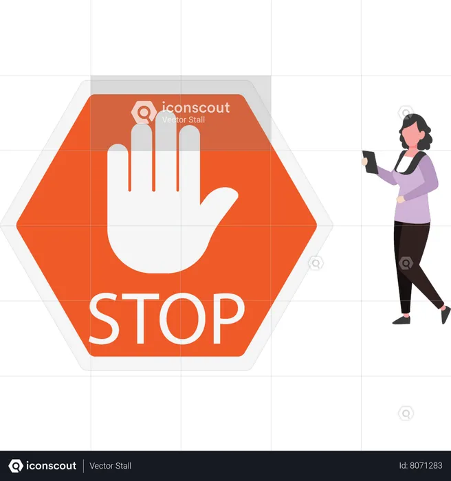 The girl is looking at the stop sign  Illustration