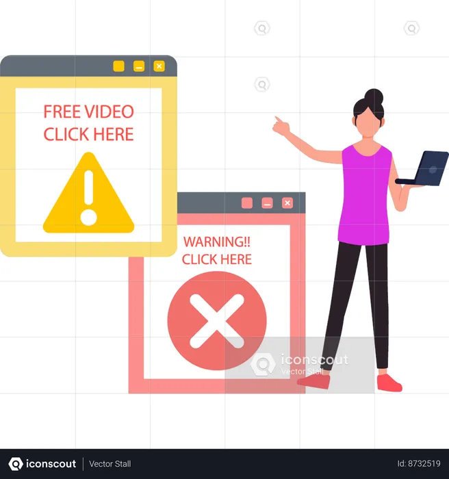 The girl is pointing at the free video click here popup.  Illustration