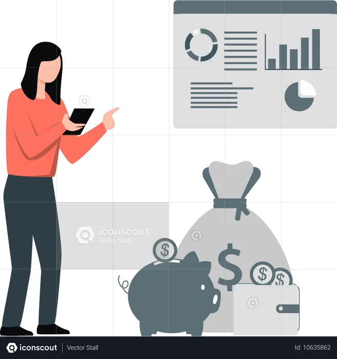 The girl is pointing dollar piggy bank  Illustration