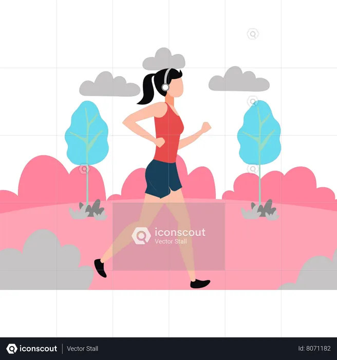 The girl is running wearing headphones  Illustration