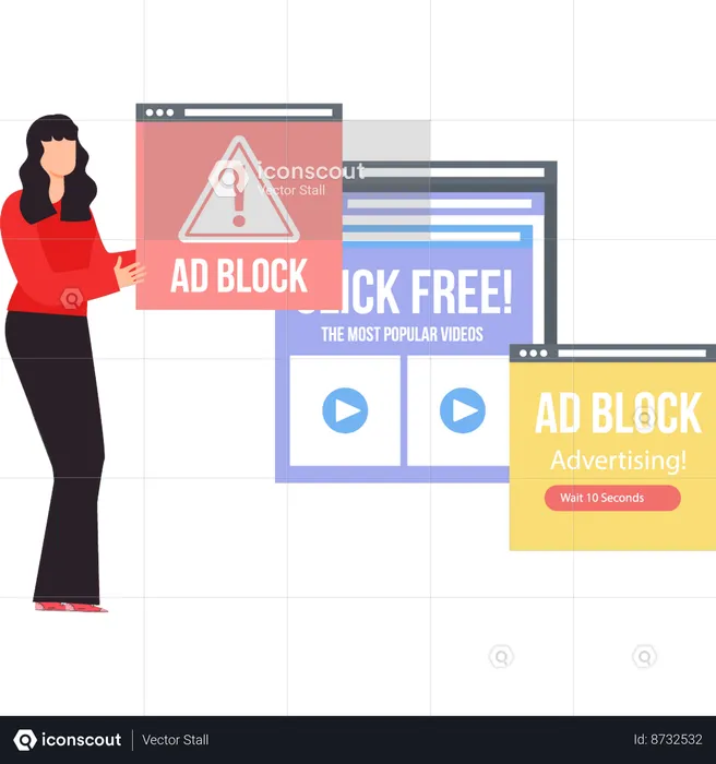 The girl is showing ad block popup.  Illustration