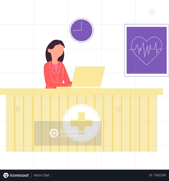 The girl is sitting at the hospital reception  Illustration