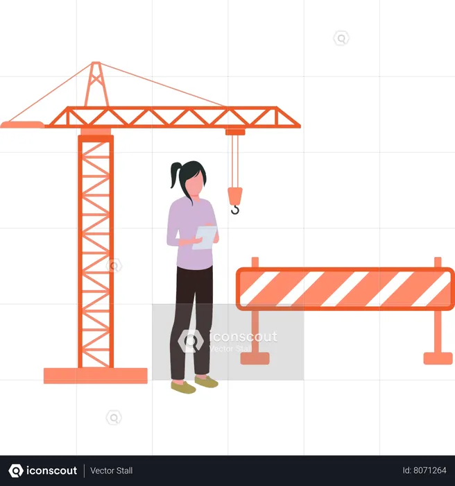 The girl is standing at the construction site  Illustration