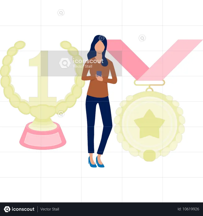 The girl is standing next to 3D gold medal star  Illustration