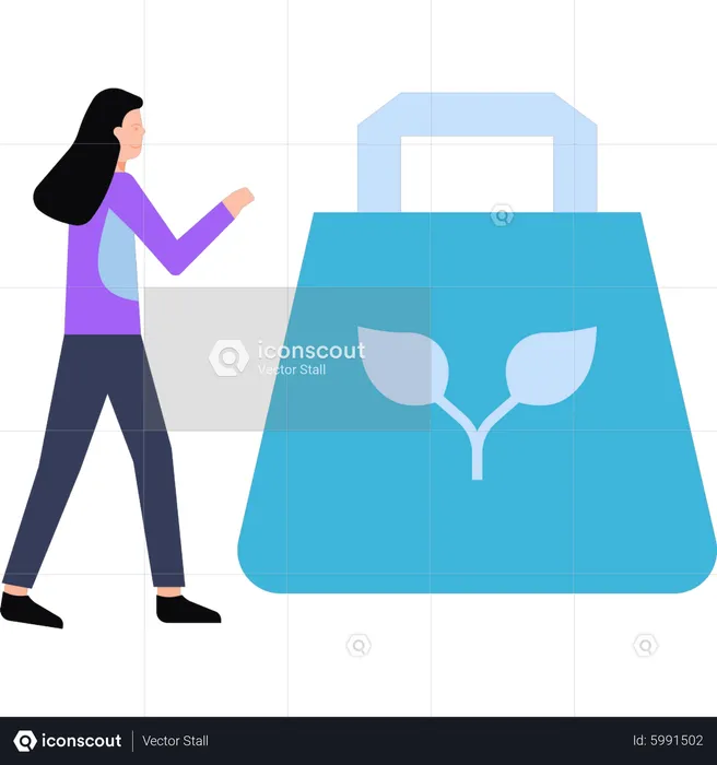 The girl is standing next to the ecology bag  Illustration