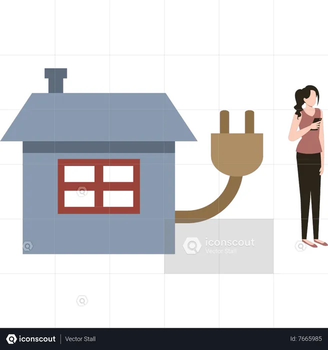 The girl is standing next to the Eco House  Illustration