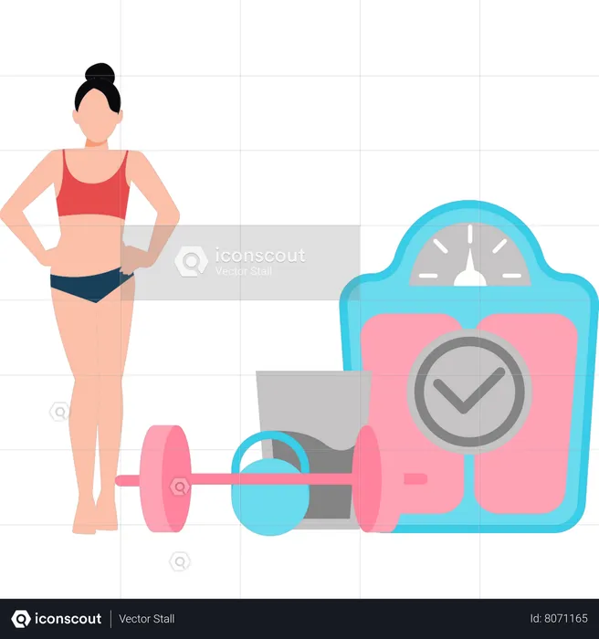 The girl is standing next to the weight machine  Illustration