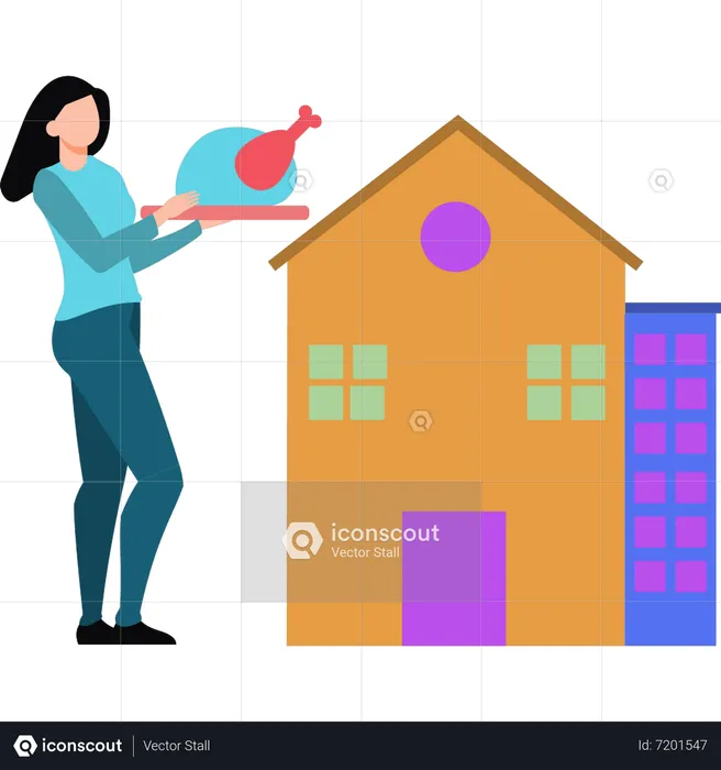 The girl is standing outside the house holding a roast chicken  Illustration