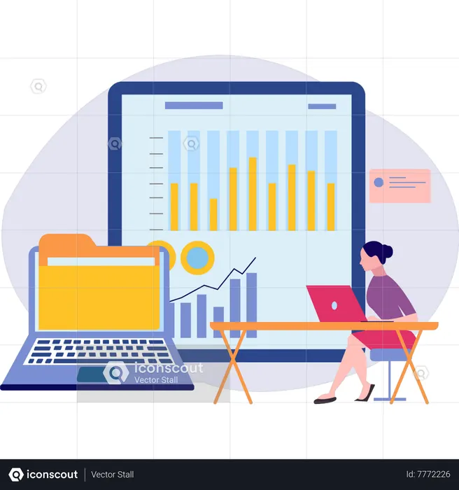 The girl is working at her desk  Illustration